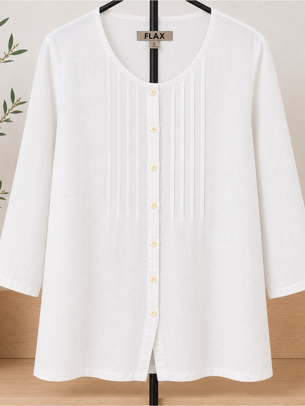FLAX 100% Linen Pintuck Button-Front Tunic | White | Size Small